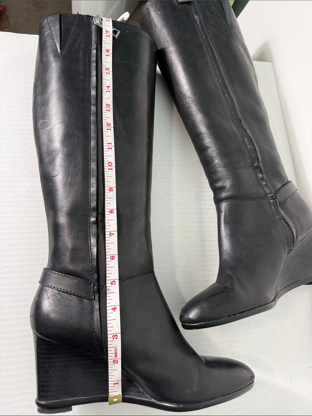 Lauren Ralph Lauren TIA Black Leather Knee-High Wedge Boots Size 7 - Picture 11 of 15